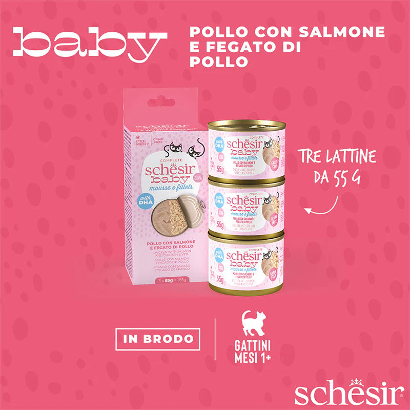 Schesir Baby Pollo, Salmone e Fegato di Pollo Mousse e Filetti 3x55 g Schesir Baby Pollo, Salmone e Fegato di Pollo Mousse e Filetti 3x55 g